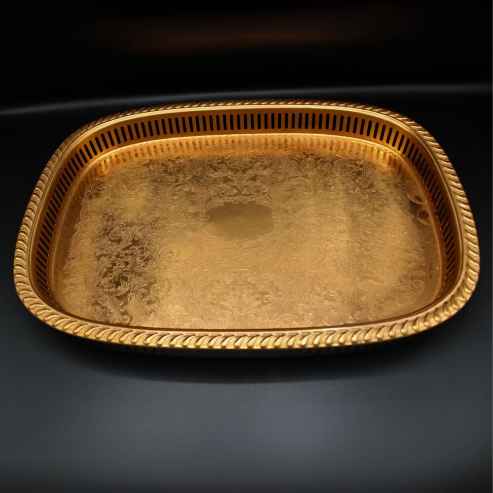 Vintage Copper Plated Tray Scroll Filigree Design Pattern Retro Kitchen Decor